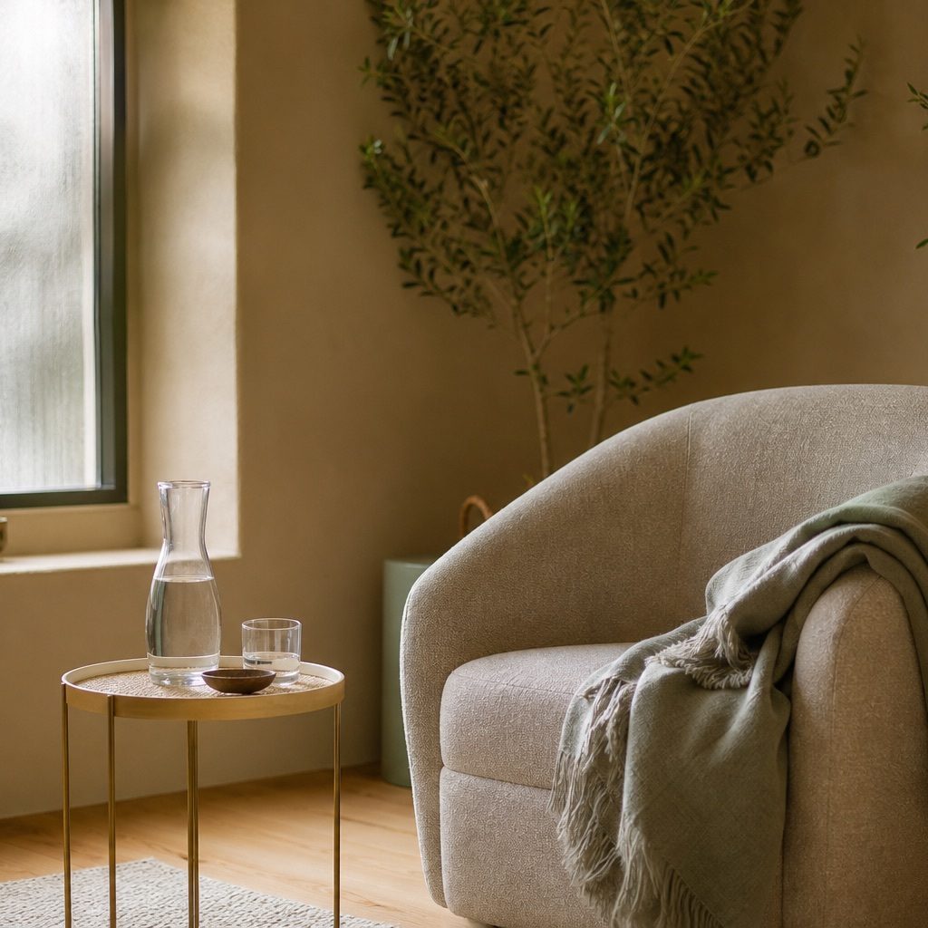 Salle de pratique de sophrologie : fauteuil confortable, plaid doux et carafe d'eau sur une table basse, lumière naturelle tamisée