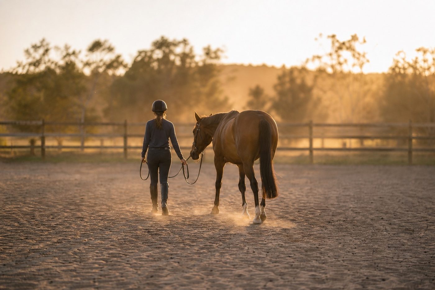 Cavalière menant un cheval bai calme en main dans une carrière sablonneuse au soleil rasant, poussière dorée