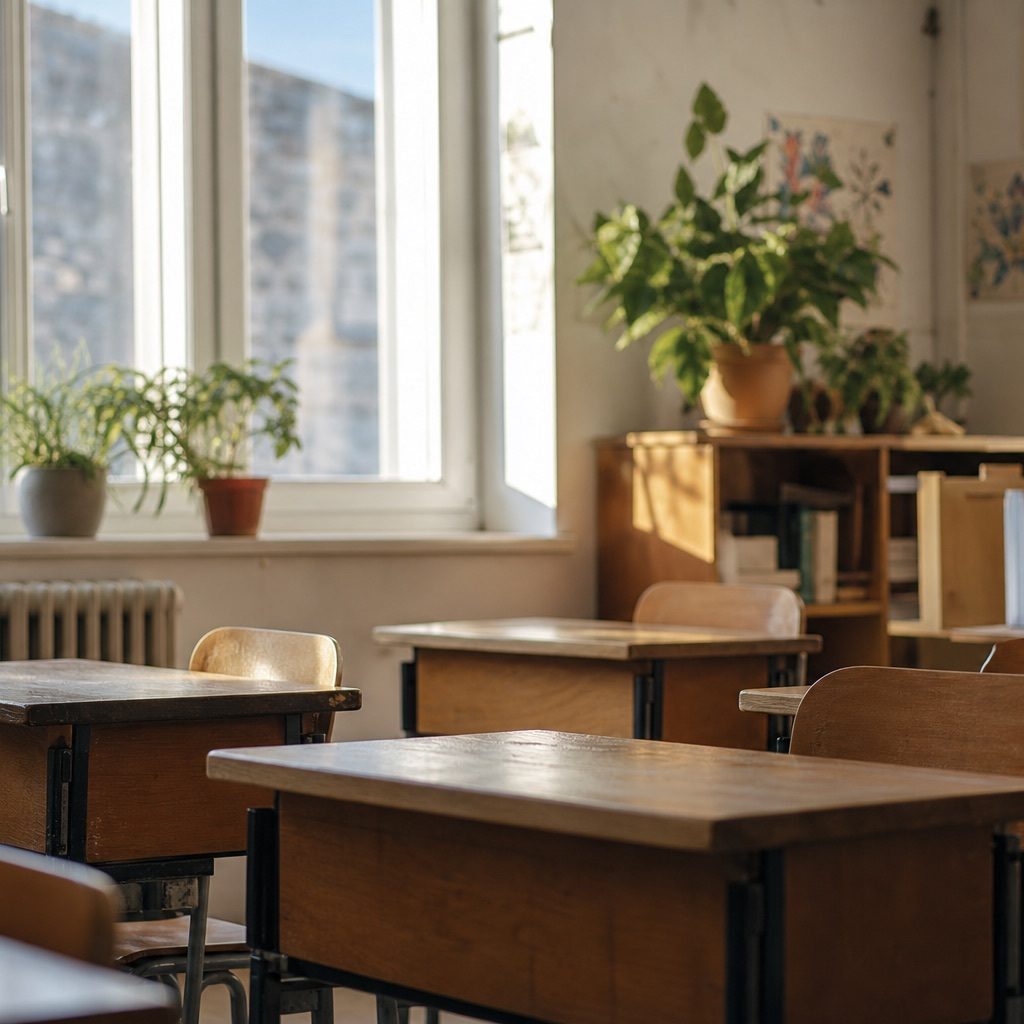 Classe d'école primaire calme en lumière douce d'après-midi : rangées de pupitres en bois, grande fenêtre, plantes sur une étagère