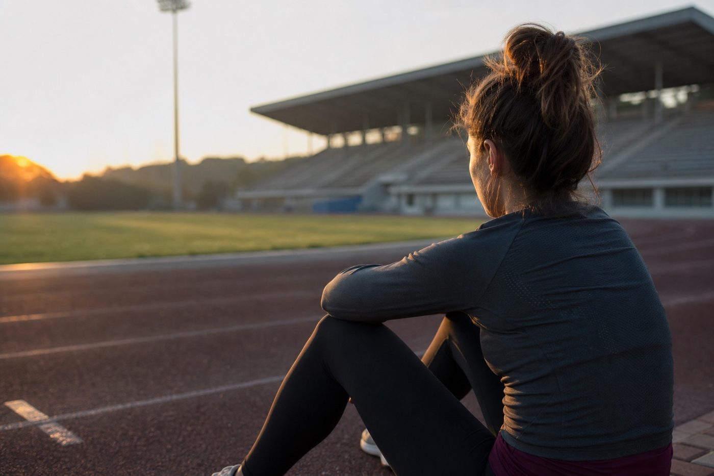 Athlète amateur assis au bord d'une piste d'athlétisme à l'aube, yeux clos, mains sur les genoux, stade vide dans la brume